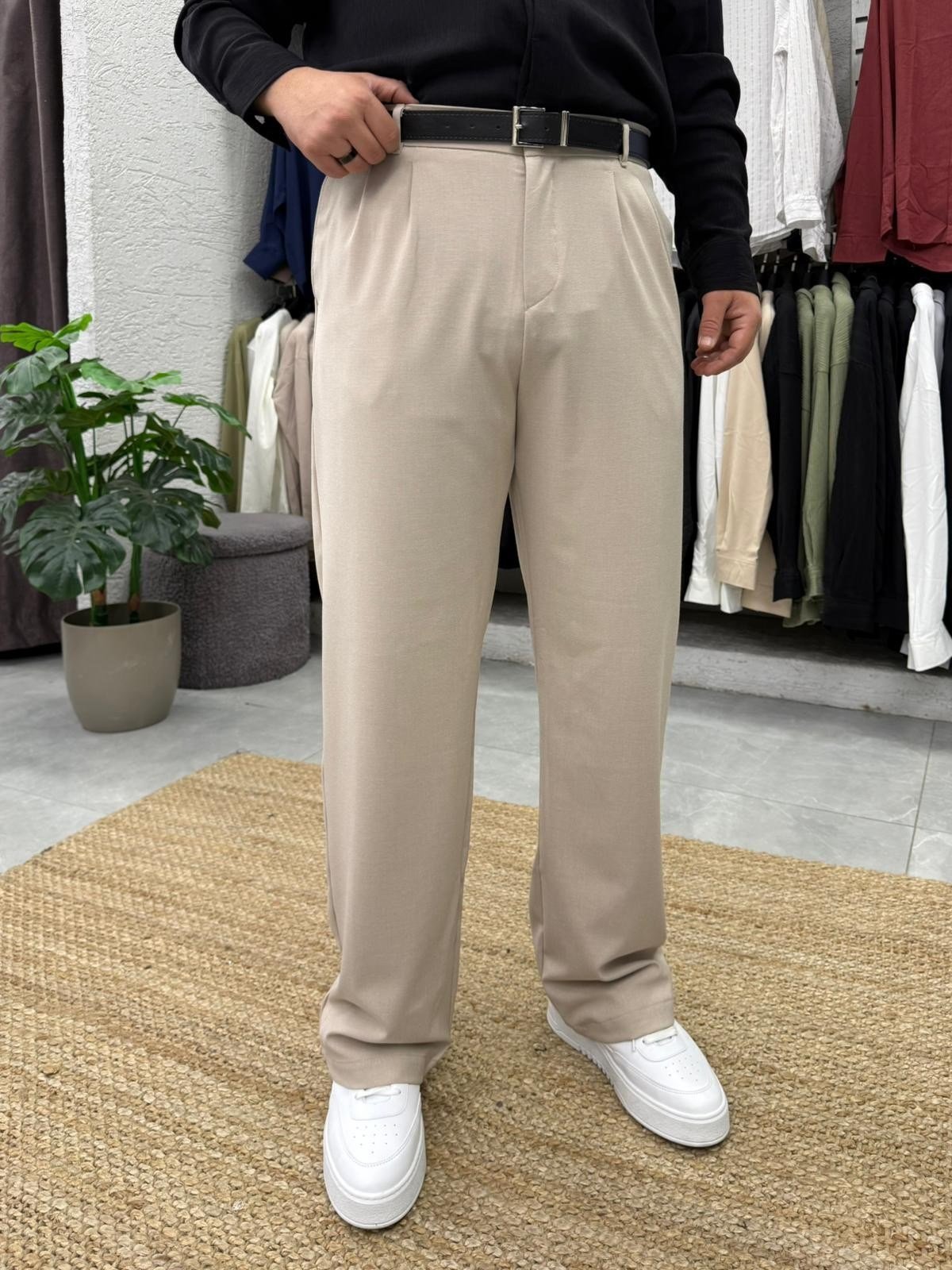 Pileli Baggy Bej Pantolon