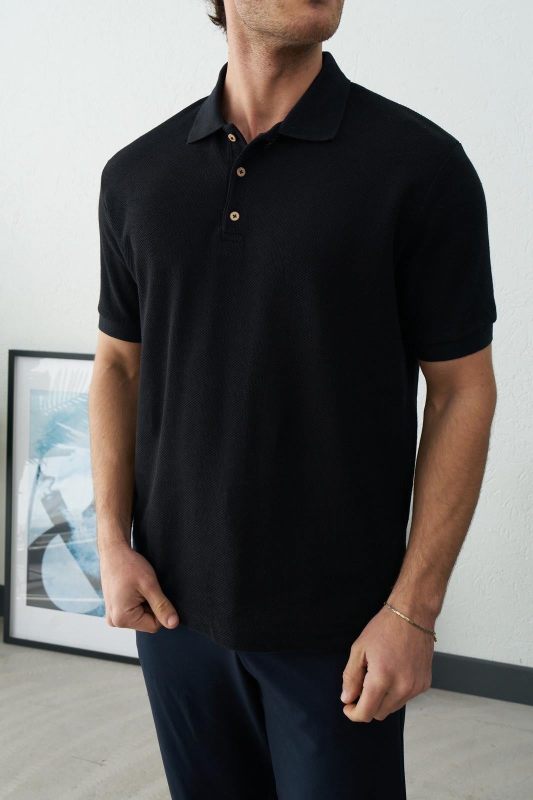 Pirinç Örgü Polo Yaka T-shirt Siyah