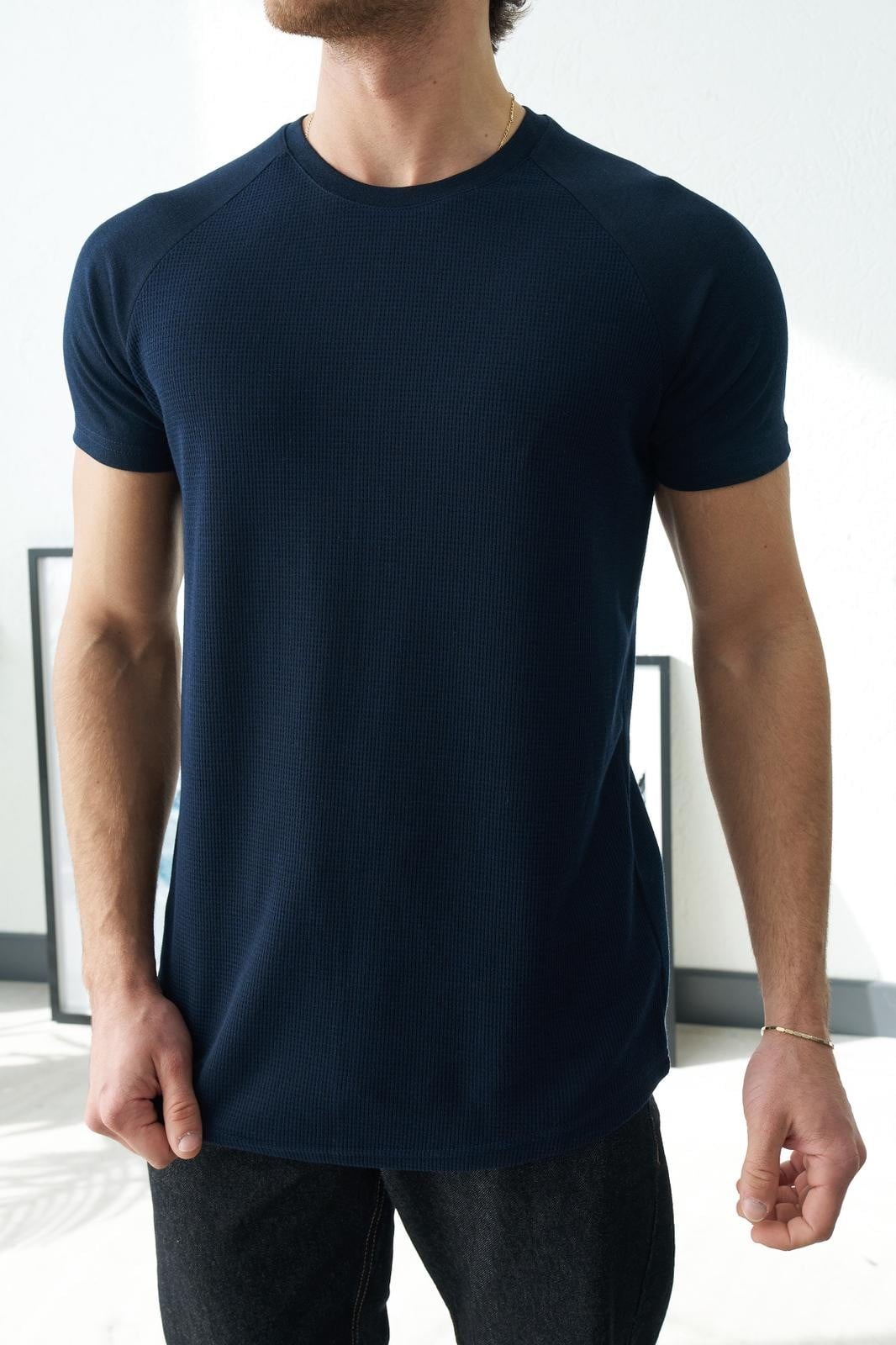 Reglan Kol Waffle Kumaş T-shirt Lacivert
