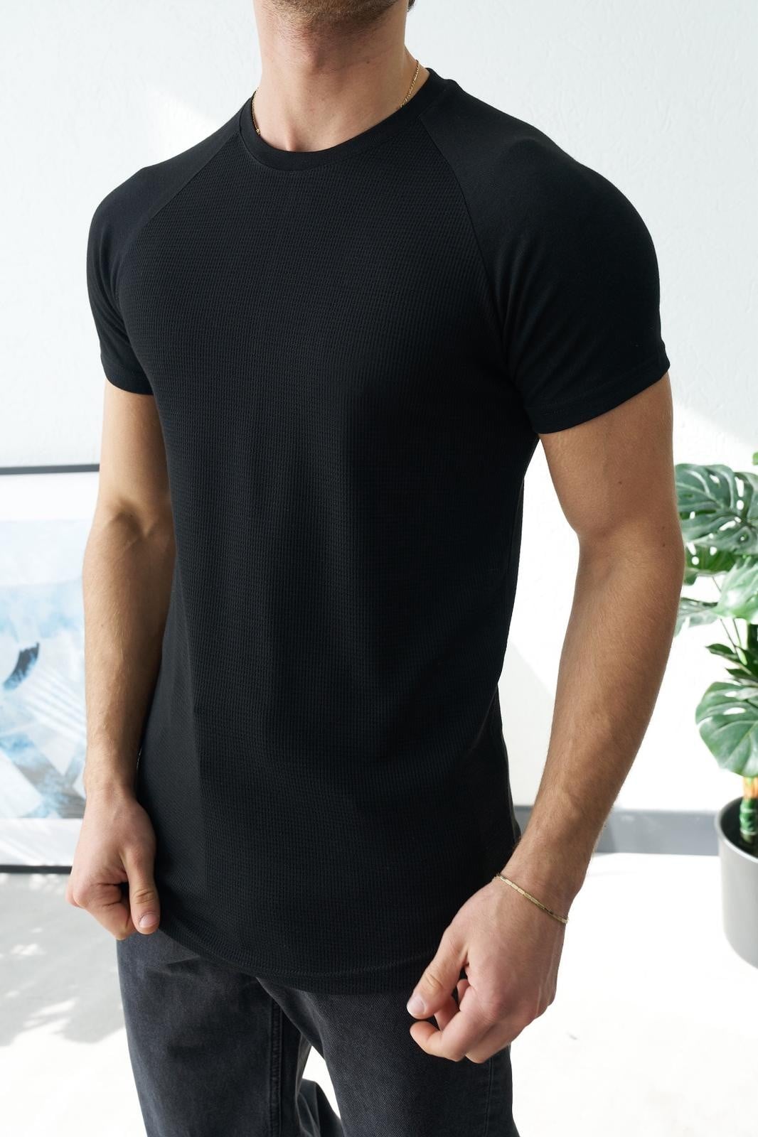 Reglan Kol Waffle Kumaş T-shirt Siyah