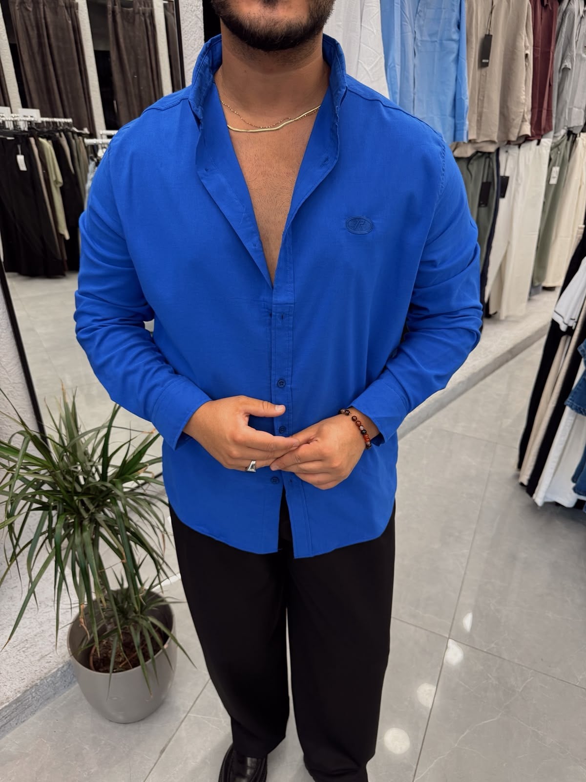 Saks Mavi Likralı Regular Gömlek