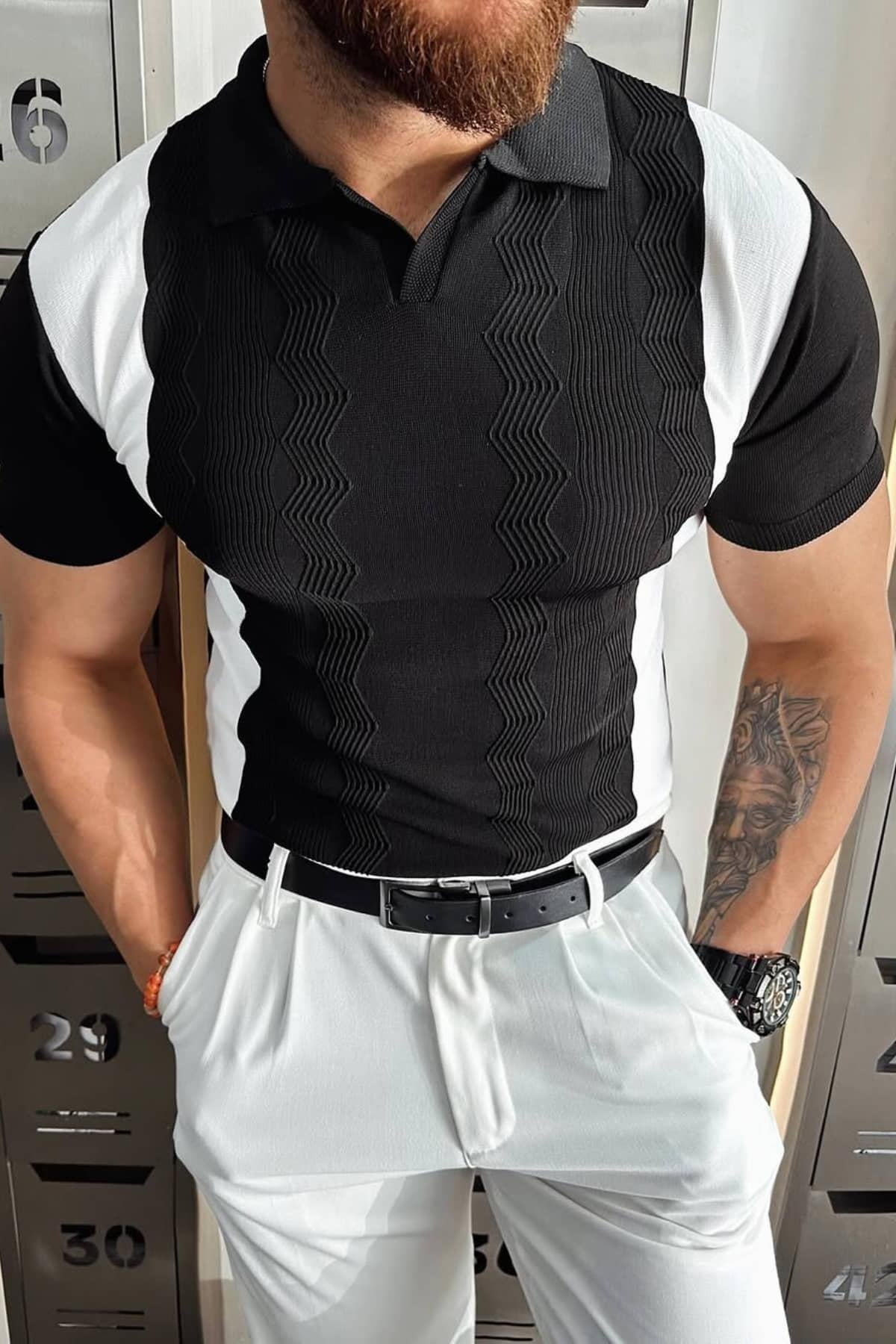 Siyah Polo Yaka Desenli Triko