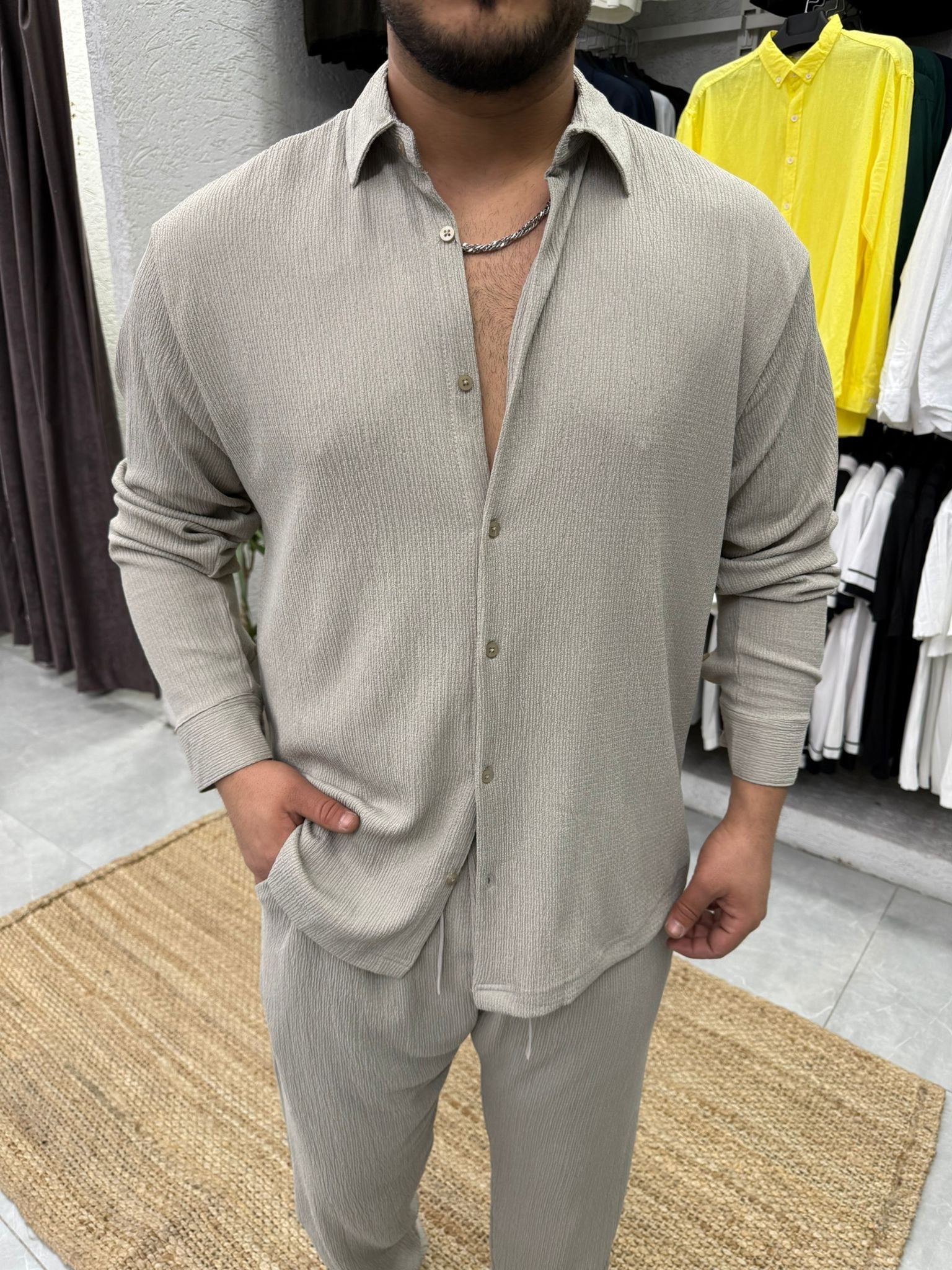 Taş Renk Buruşuk Kumaş Oversize Gömlek