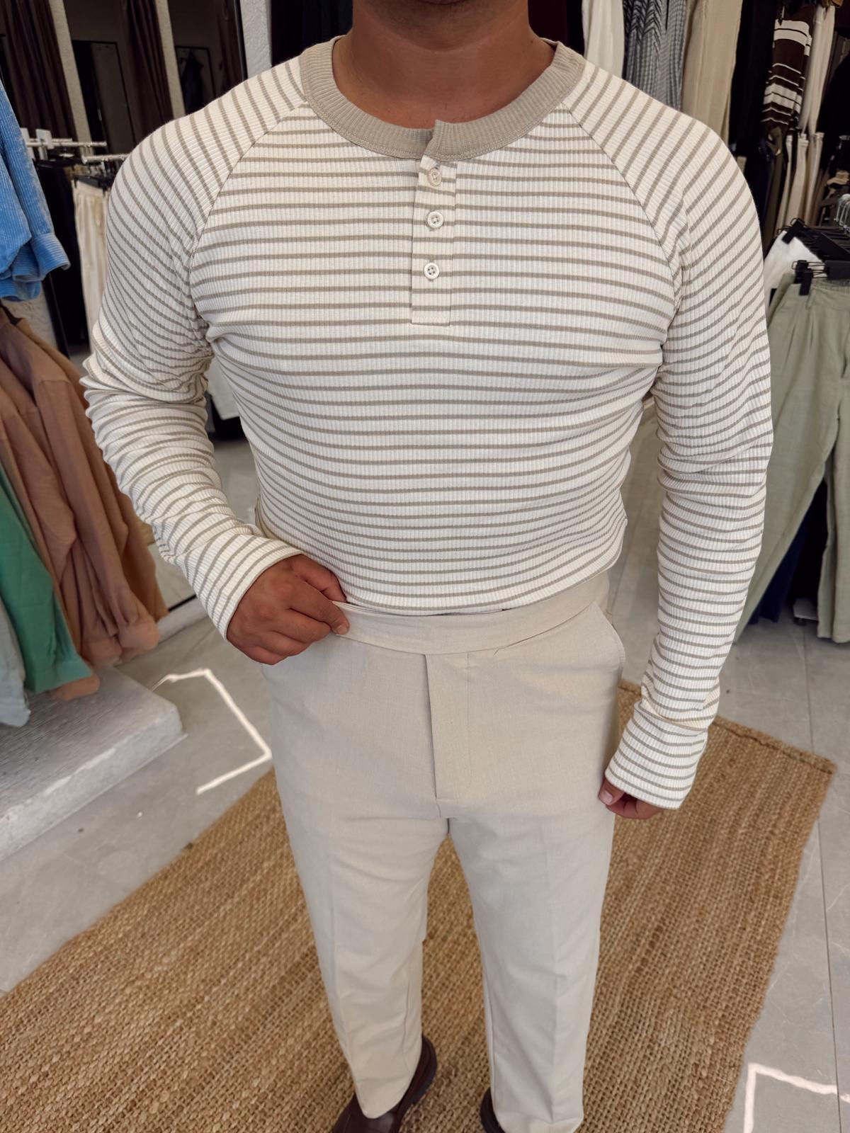 Yatay Çizgili Slimfit Sweat Bej