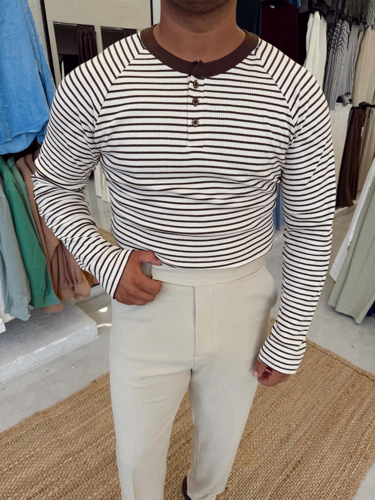 Yatay Çizgili Slimfit Sweat Kahve