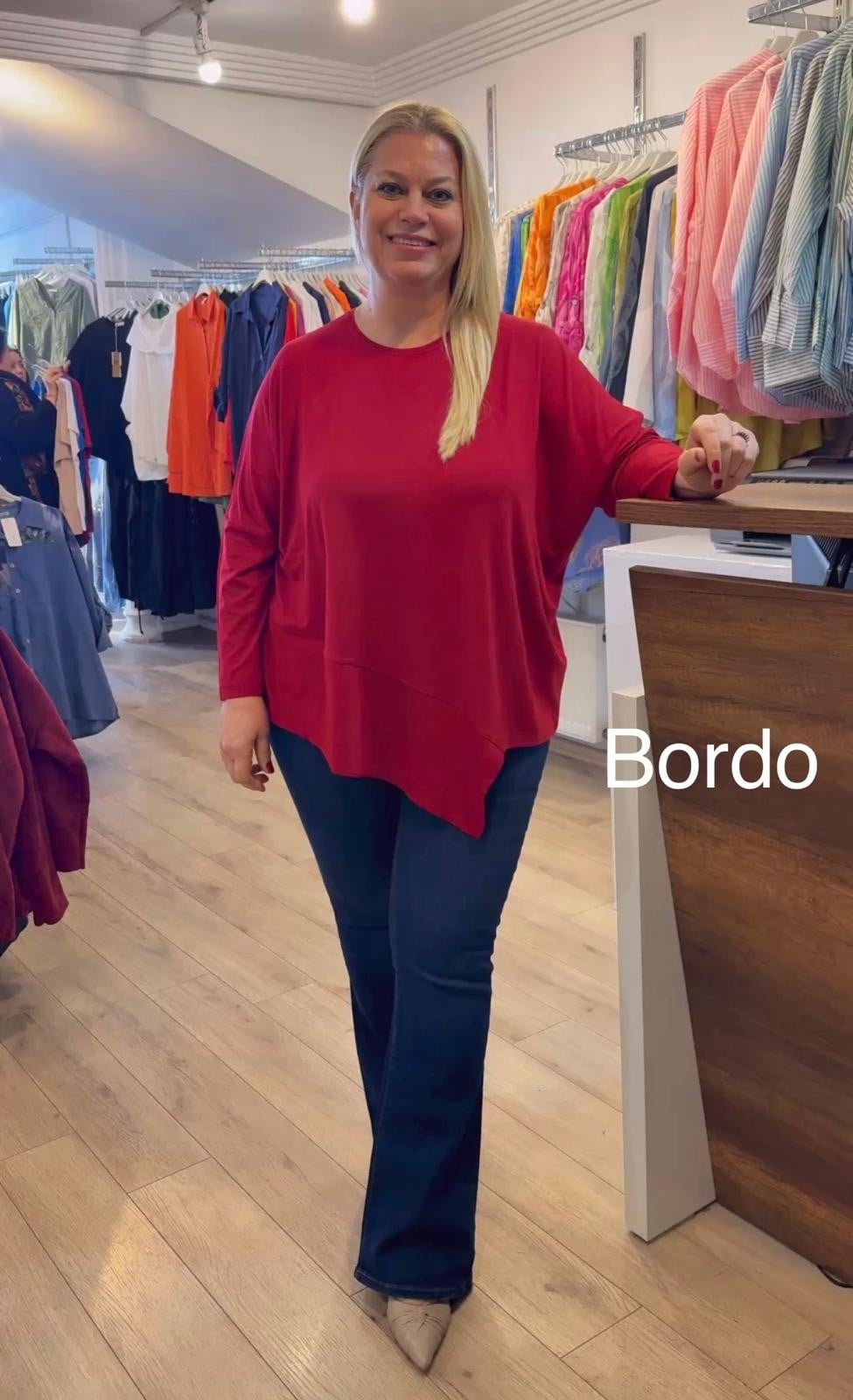 1115 ASİMETRİK PENYE BLUZ-BORDO