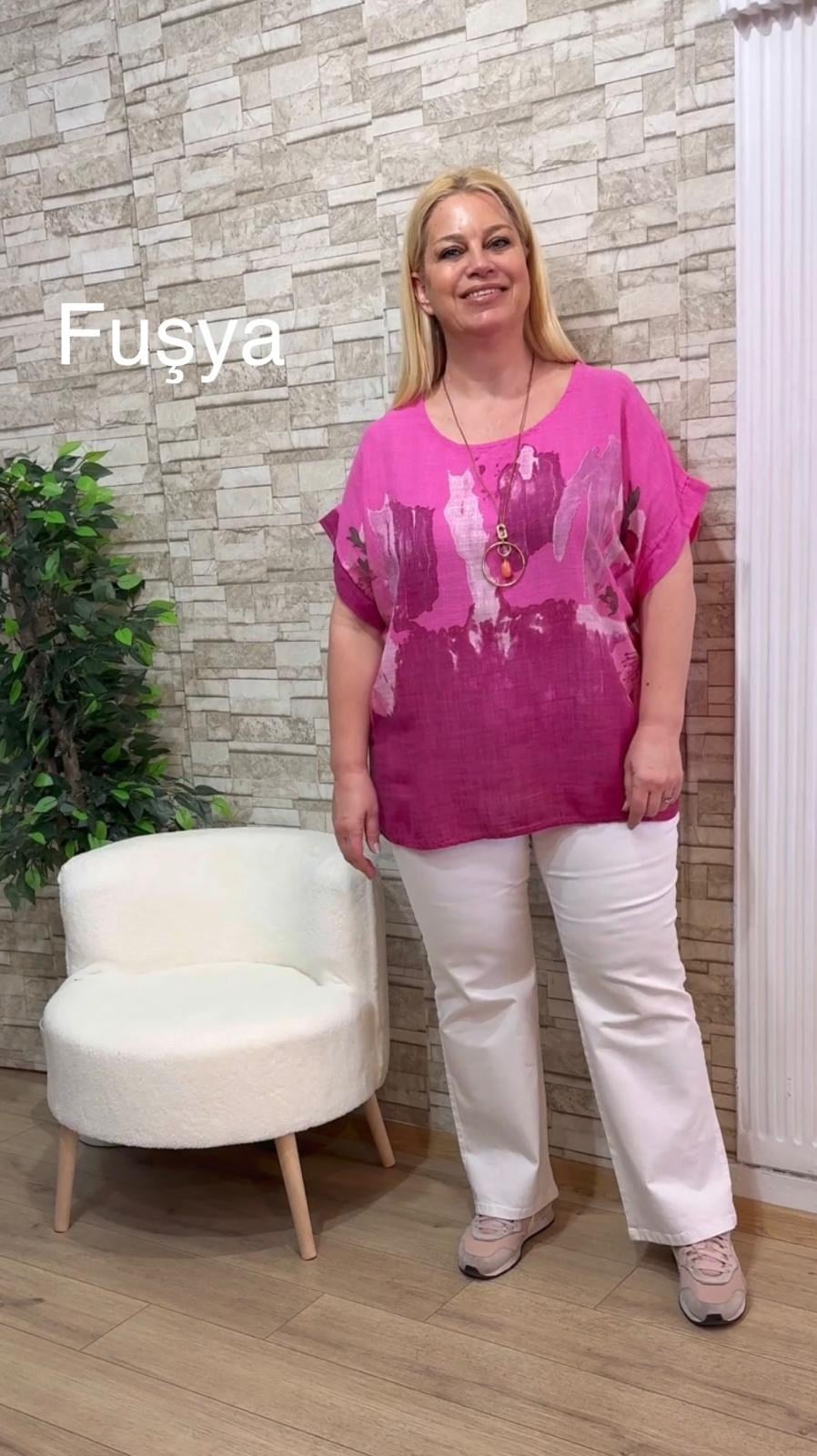 1140 İTALYAN KOLYELİ KISA KOL BLUZ-FUŞYA