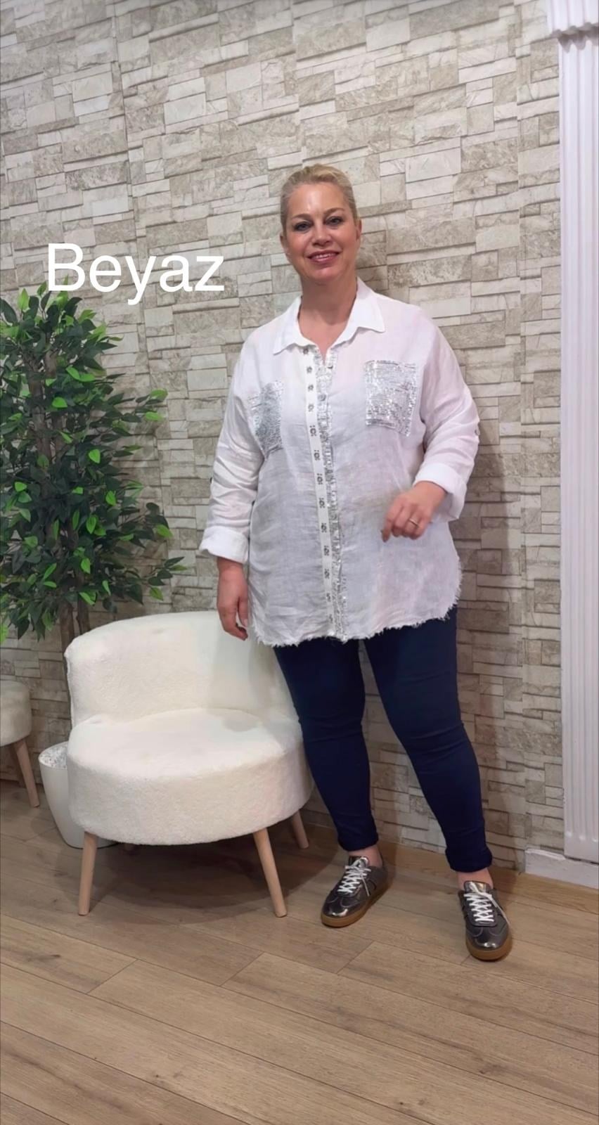 1146 İTALYAN CEPLERİ PUL PAYETLİ KETEN GÖMLEK-BEYAZ