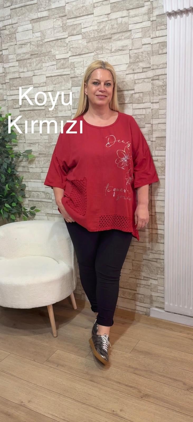 1154 İTALYAN ÖRGÜ VE BASKI DETAYLI RAHAT KALIP BLUZ-KOYU KIRMIZI