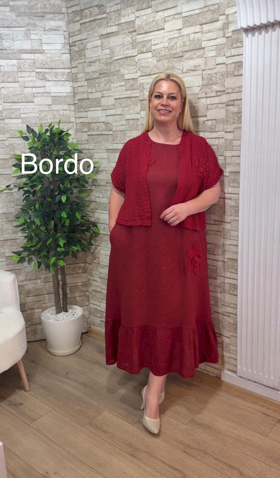 1163 ÖRGÜ BOLEROLU KETEN ELBİSE-BORDO
