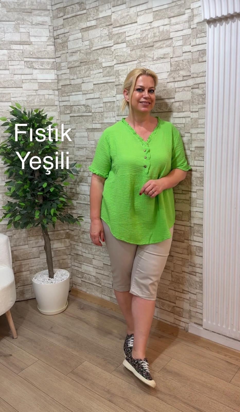 1164 ŞALAŞ KALIP MÜSLİN BLUZ-FISTIK YEŞİLİ