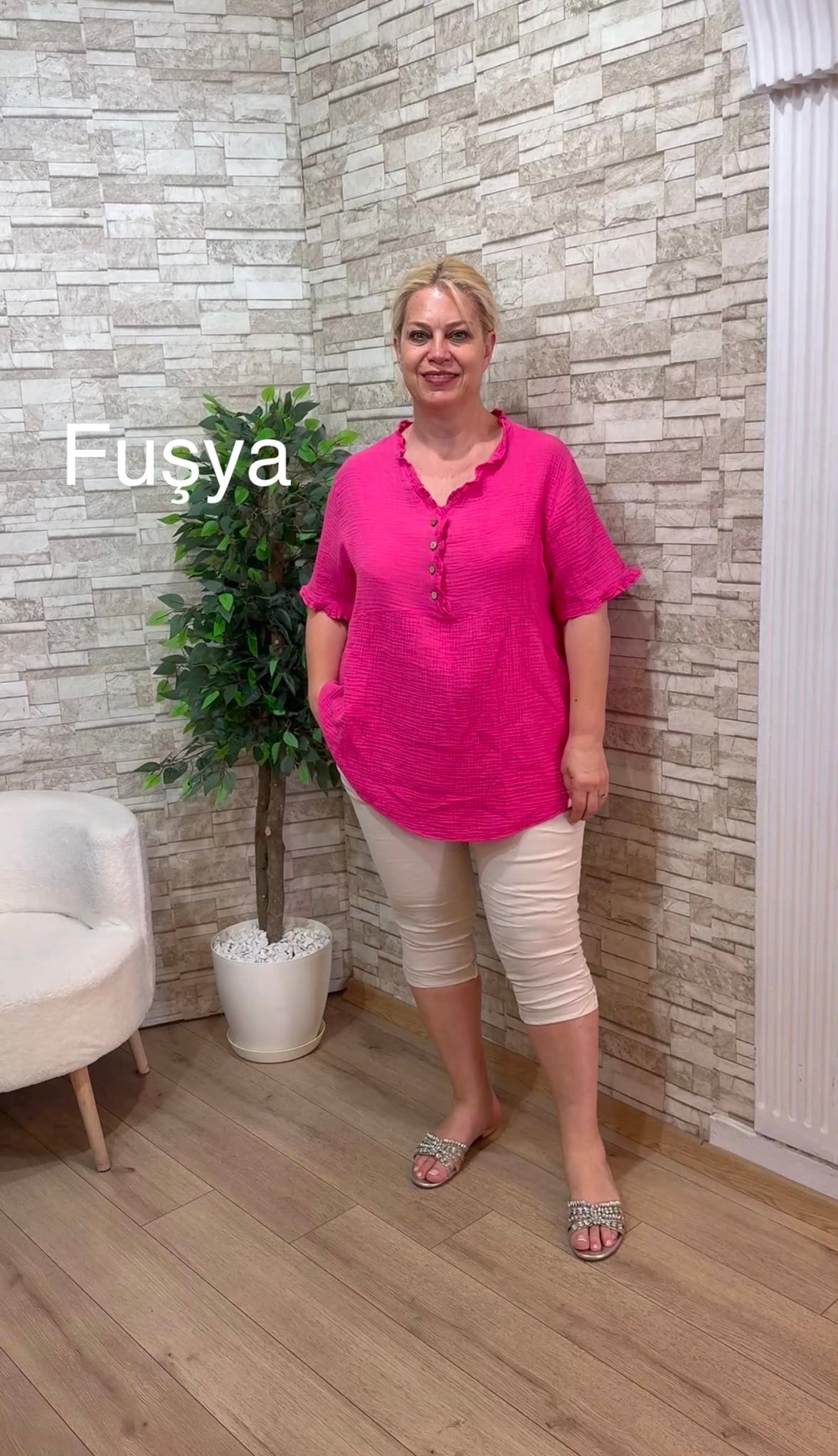 1164 ŞALAŞ KALIP MÜSLİN BLUZ- FUŞYA