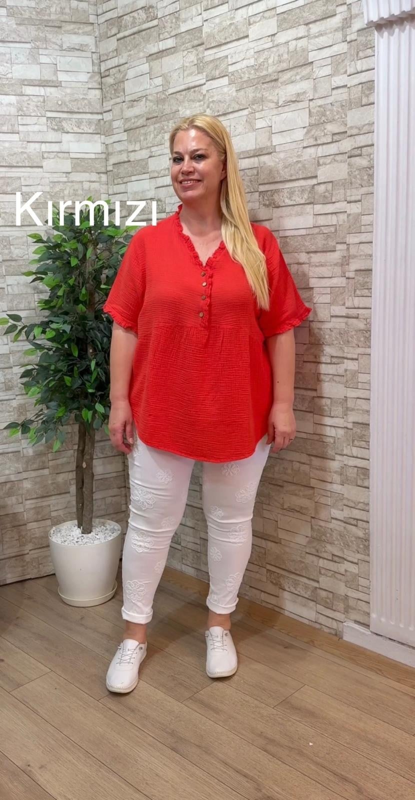 1164 ŞALAŞ KALIP MÜSLİN BLUZ-KIRMIZI