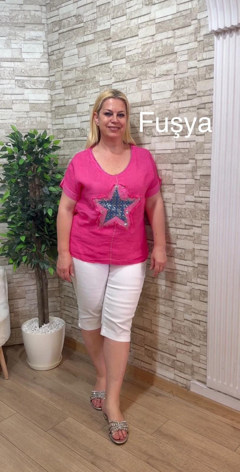 1170 İTALYAN TAŞLI YILDIZLI KETEN BLUZ-FUŞYA