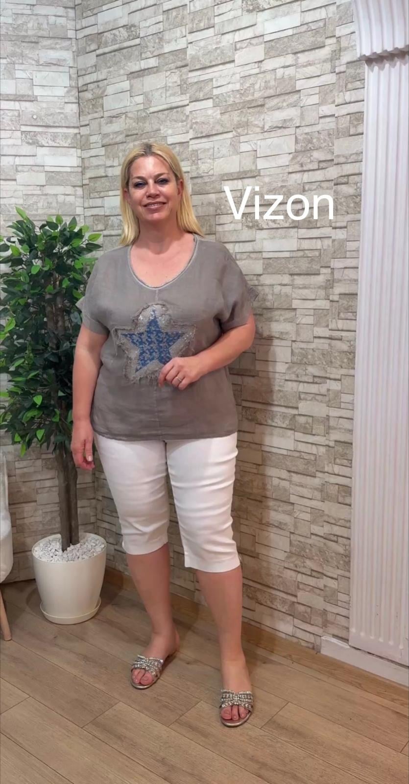 1170 İTALYAN TAŞLI YILDIZLI KETEN BLUZ-VİZON