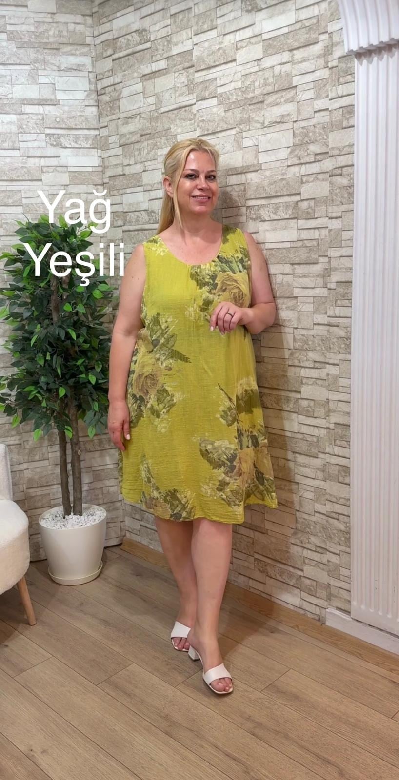 1178 İTALYAN PAMUK KOLSUZ ELBİSE-YAĞ YEŞİLİ