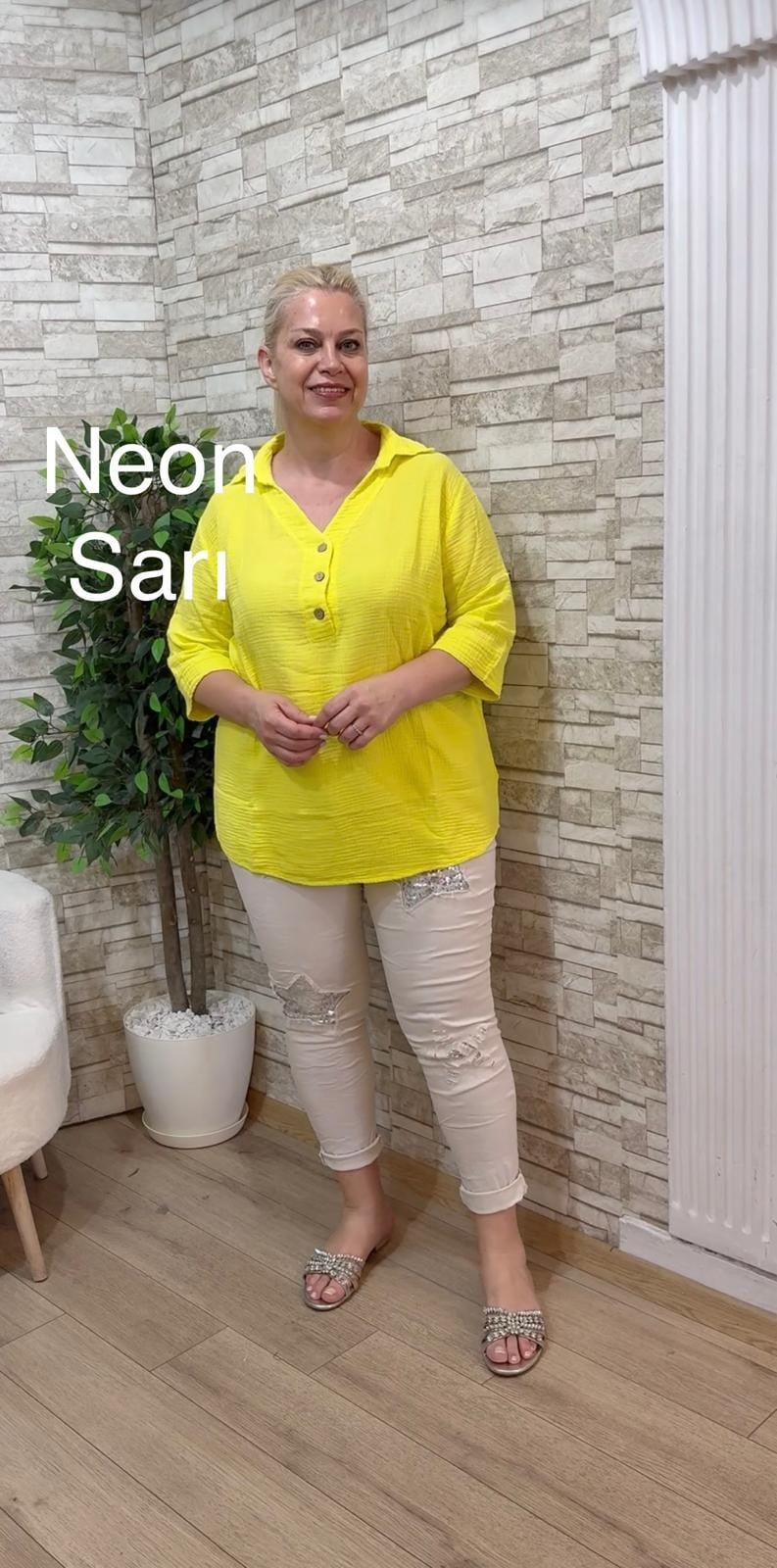 1182 TRUVAKAR KOL MÜSLİN BLUZ-NEON SARI