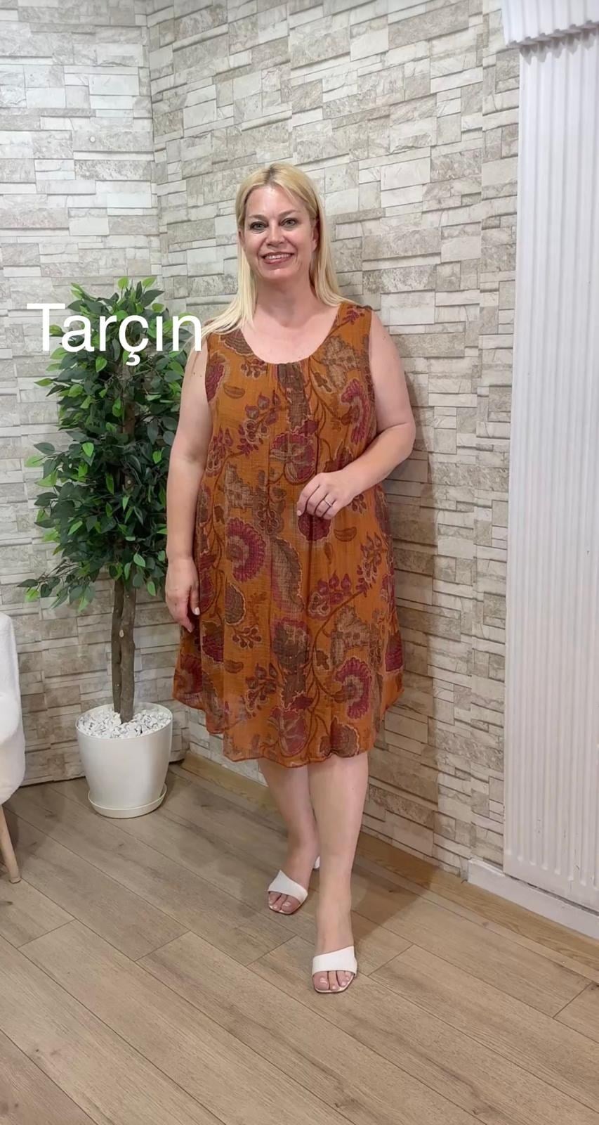 1183 İTALYAN KOLSUZ RAHAT KALIP ELBİSE-TARÇIN