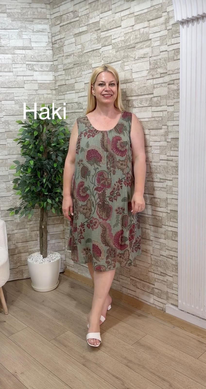 1183 İTALYAN KOLSUZ RAHAT KALIP ELBİSE-HAKİ