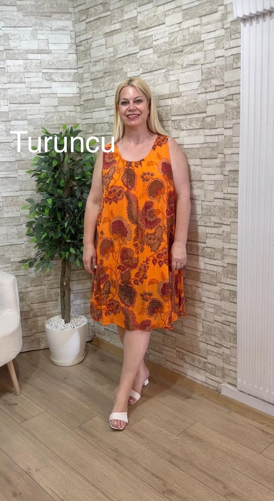 1183 İTALYAN KOLSUZ RAHAT KALIP ELBİSE-TURUNCU