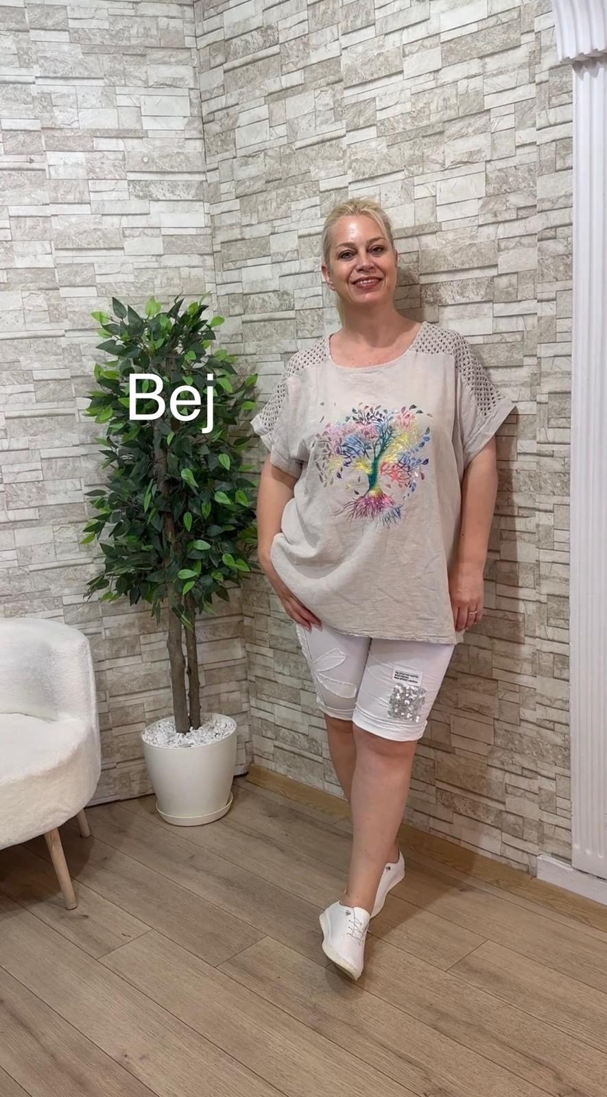 1188 İTALYAN HAYAT AĞACI DESEN PAMUK KETEN BLUZ-BEJ