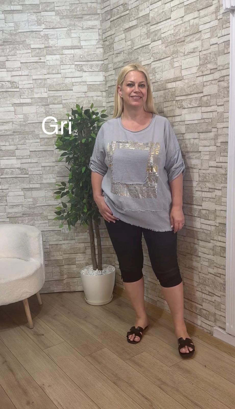 1189 İTALYAN VARAK DETAYLI BLUZ-GRİ