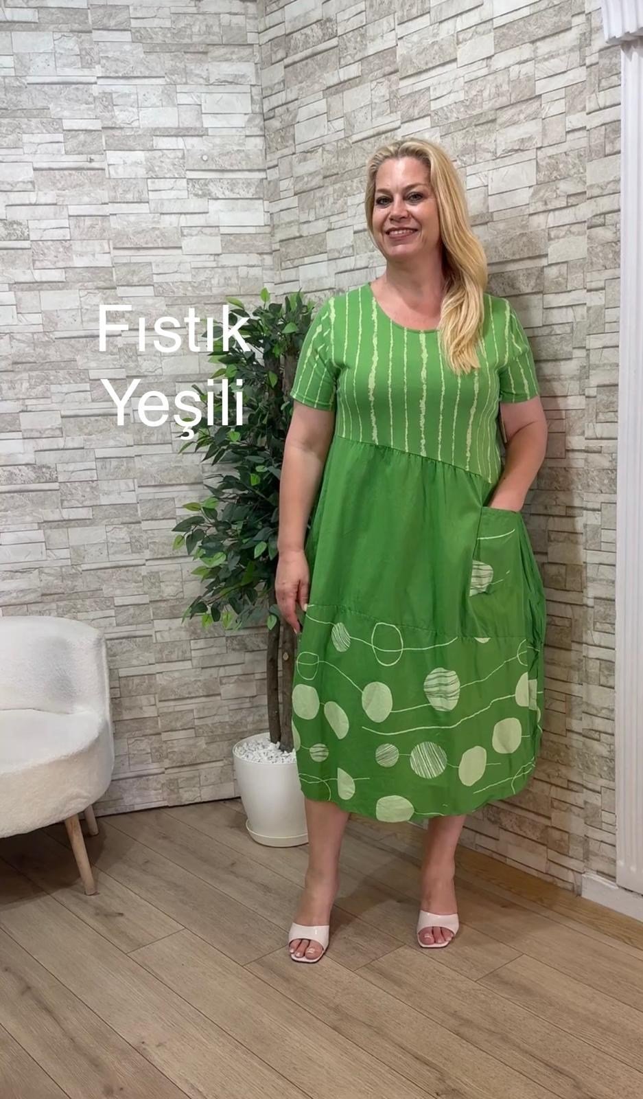 1202 İTALYAN,BALON ELBİSE-FISTIK YEŞİLİ