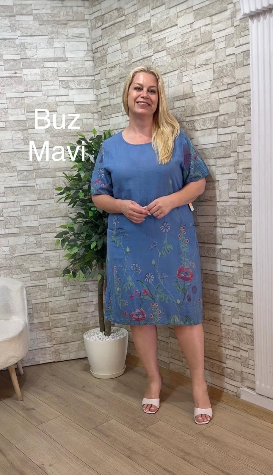 1206 İTALYAN CEPLİ  PAMUK ELBİSE-BUZ MAVİ