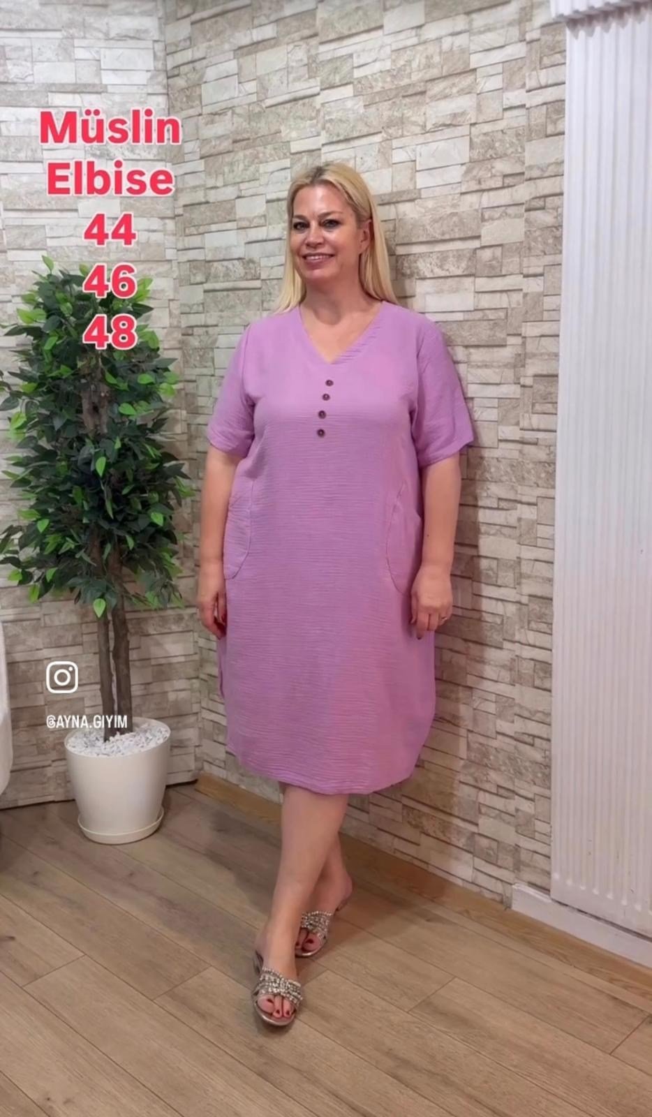 1224 MÜSLİN YARIM KOL ELBİSE-PEMBE