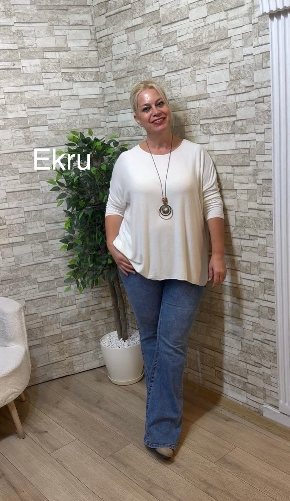 1256 İTALYAN YUVARLAK YAKA SALAŞ BLUZ-EKRU