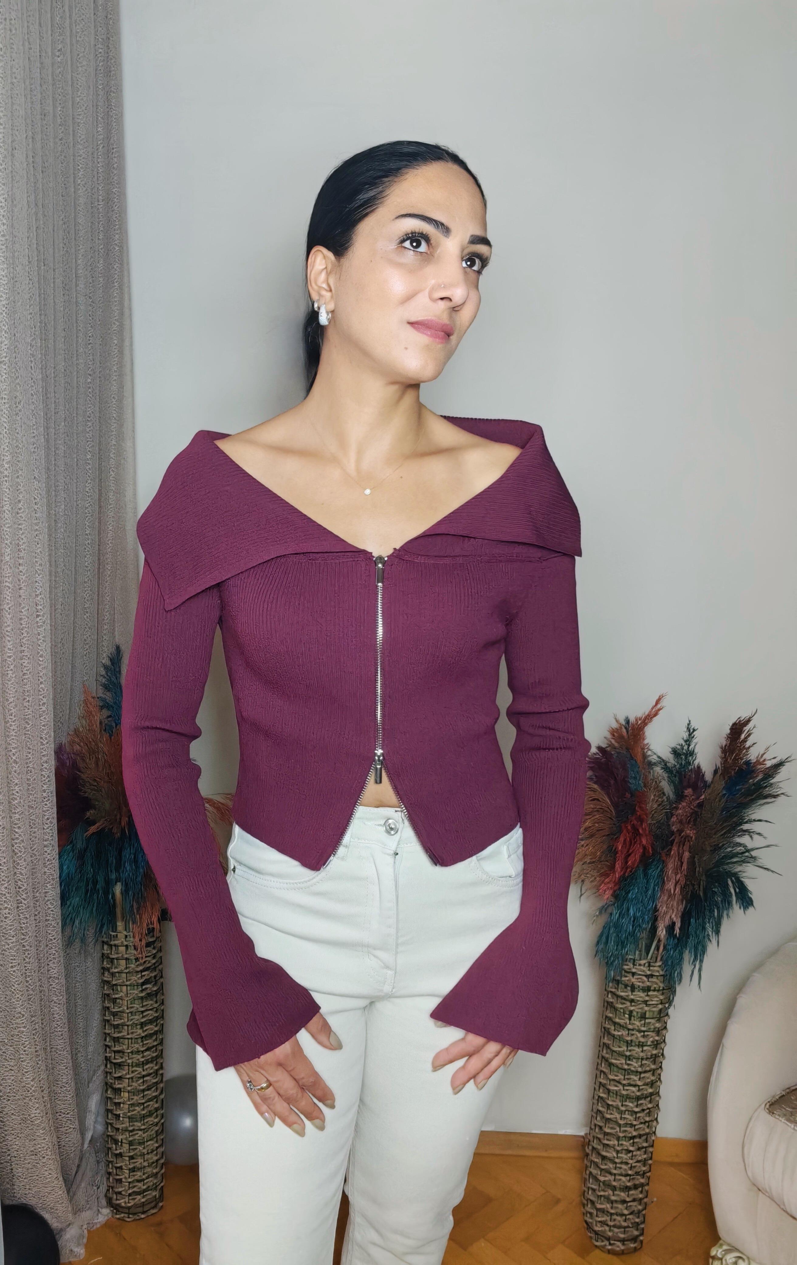 DLVN  Bordo Çift Fermuarlı Bluz
