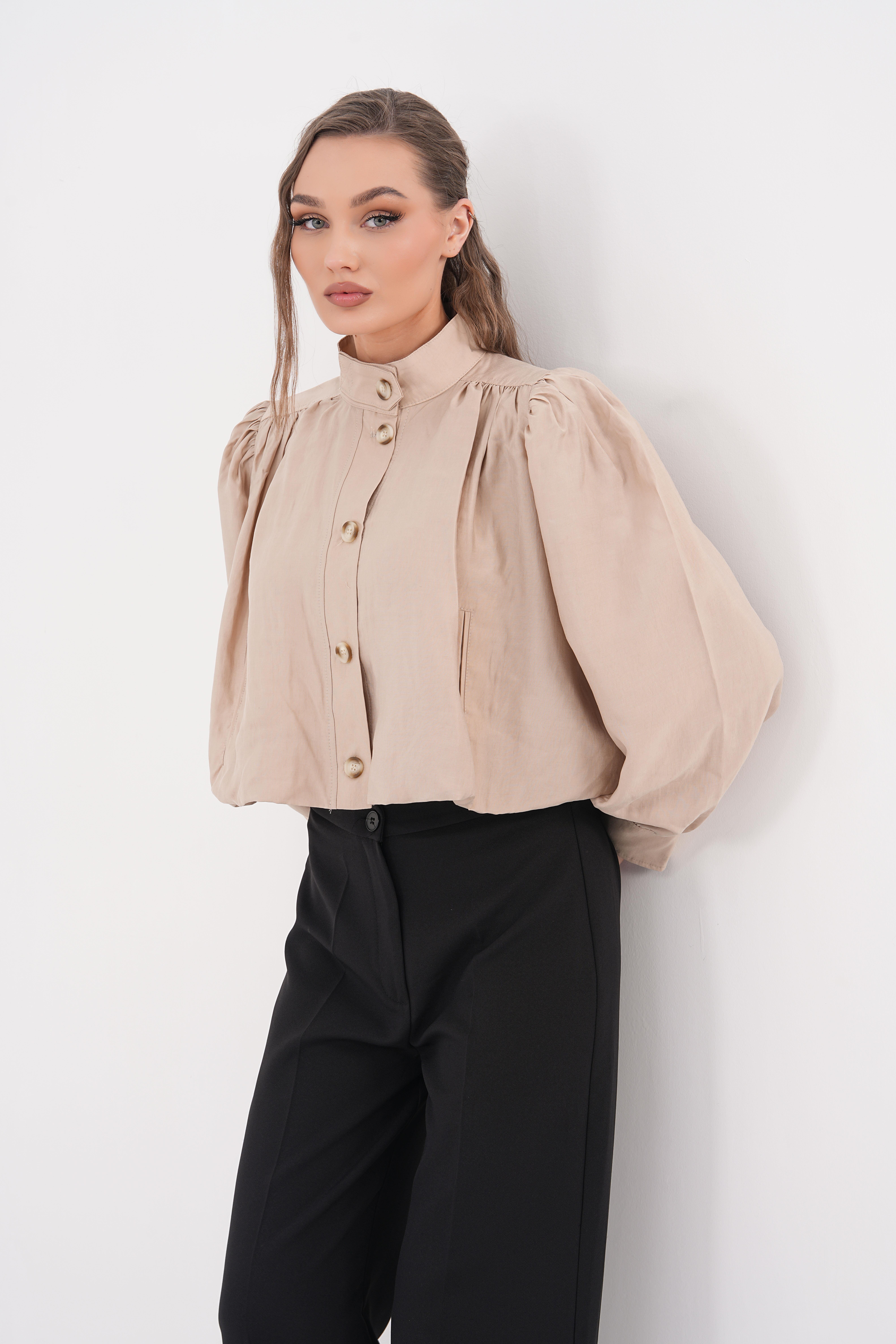 Balon Crop Ceket - Bej