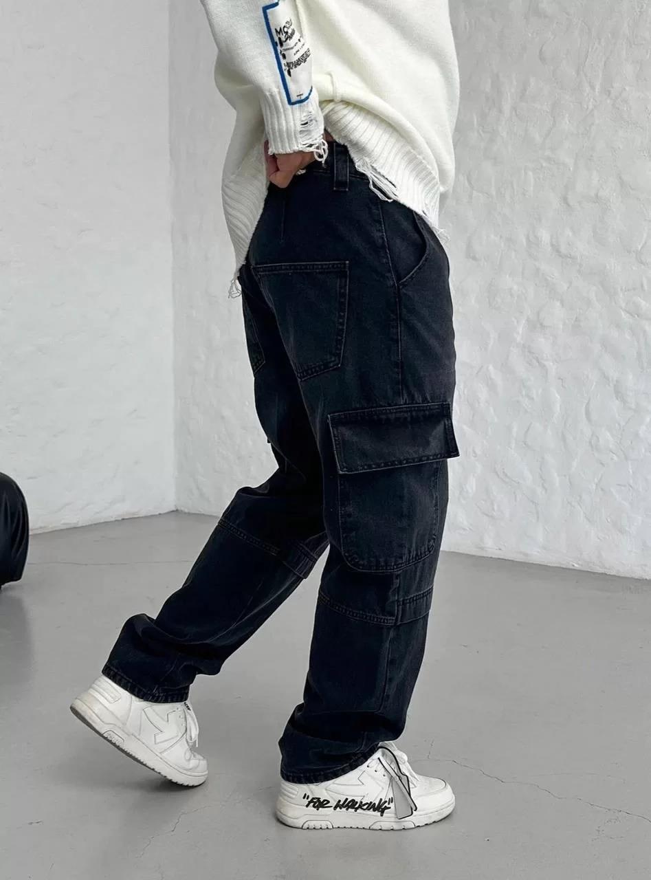 Antrasit Şerit Kargo Cep Baggy Pantolon