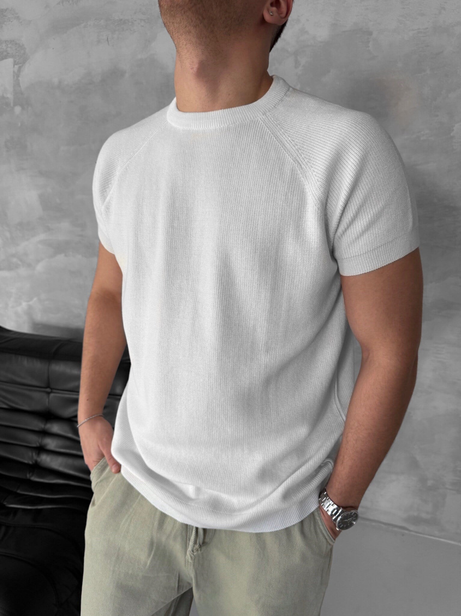Ekru Bisiklet Yaka Triko Tshirt
