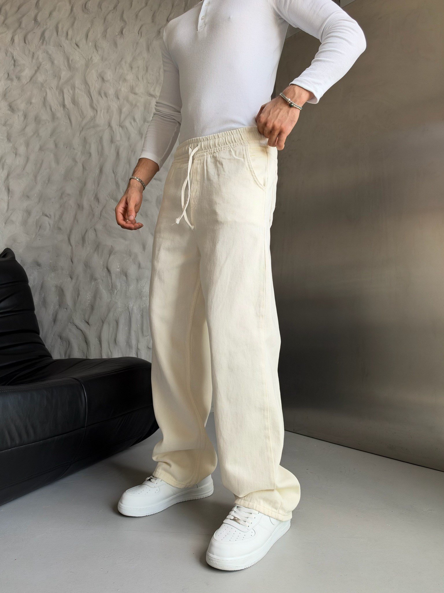 KREM GABARDİN KUMAŞ BAGGY PANTOLON
