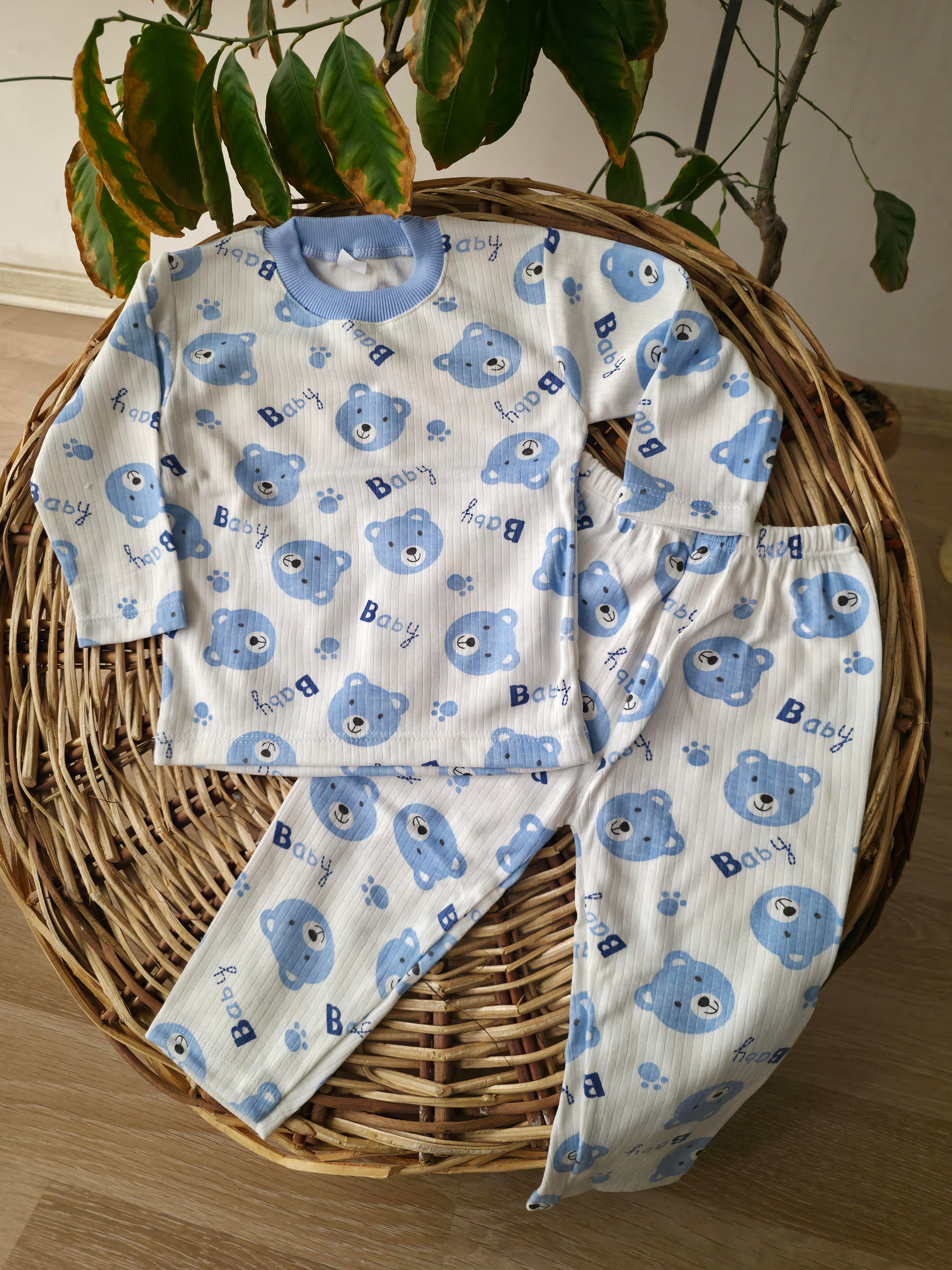 ayı baskılı mavi pamuklu unisex bebek çocuk takımı