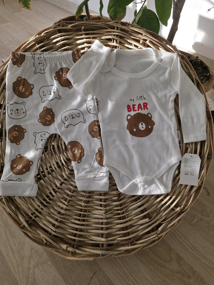 Bear Baskılı Kahve Kollu Badili 4lü Bebek Takımı 1 9 Ay