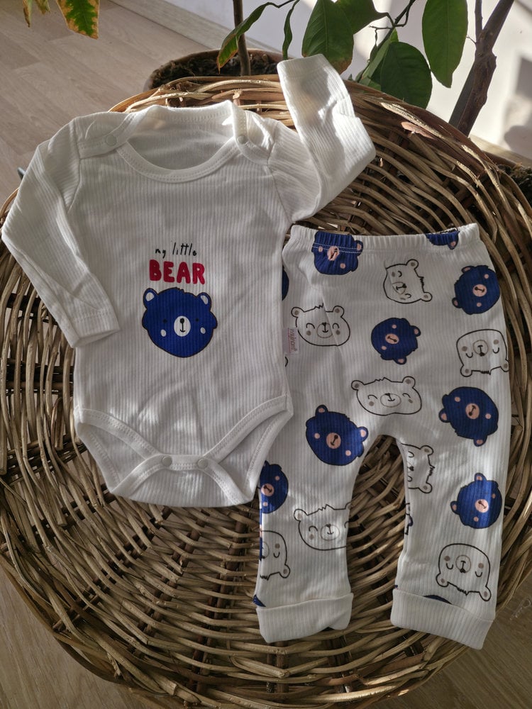 Bear Baskılı Mavi Kollu Badili 4lü Bebek Takımı 1 9 Ay