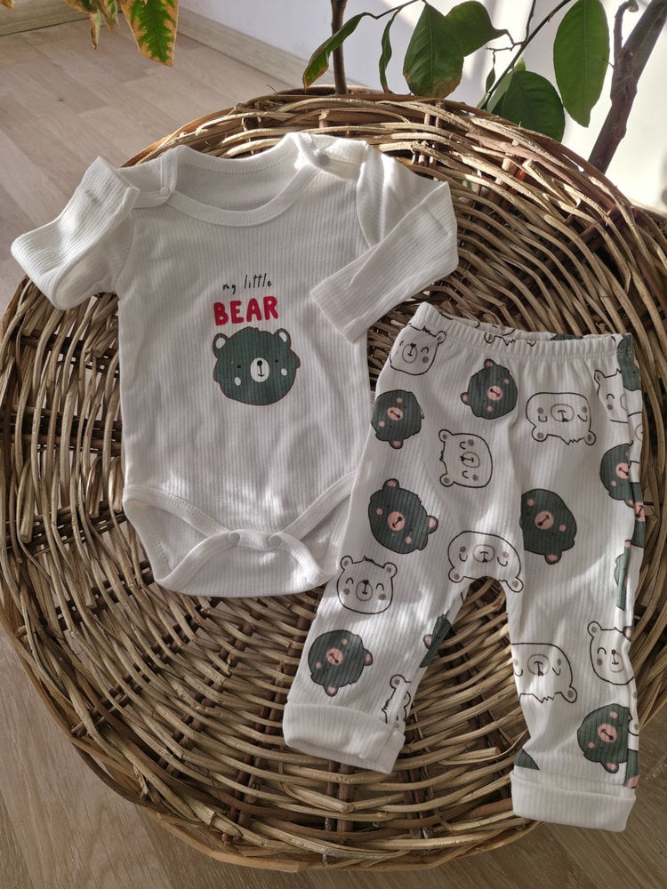 Bear Baskılı Yeşil Kollu Badili 4lü Bebek Takımı 1 9 Ay