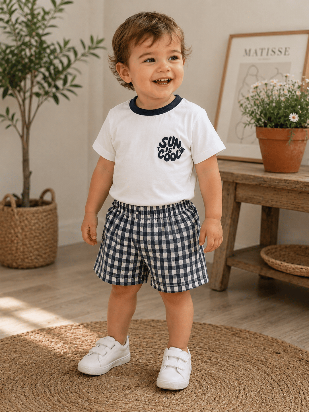Erkek Bebek %100 Pamuk Nakış Detaylı Ekose Şortlu Takım 6-24 Ay