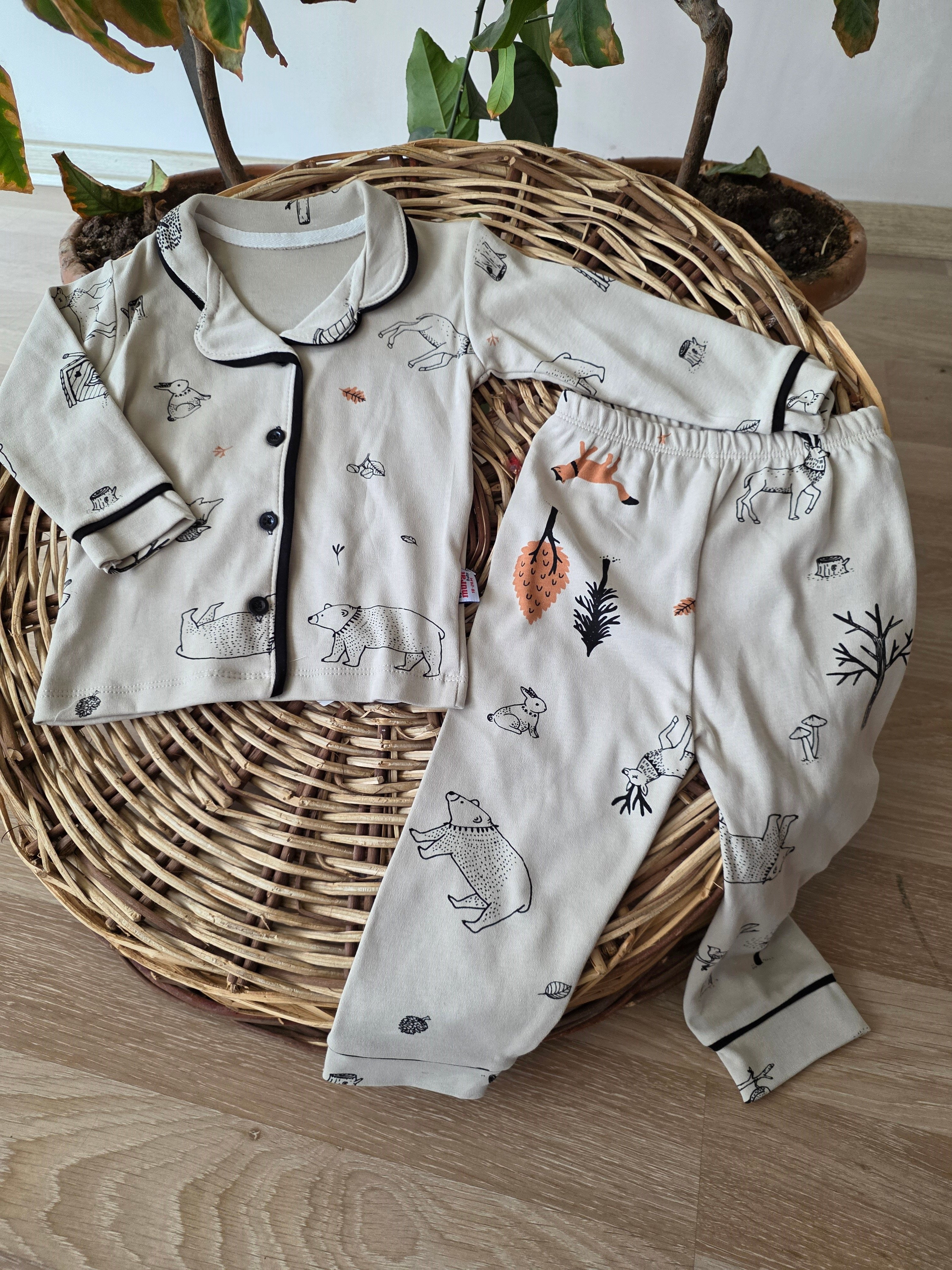 Geyik Baskılı Bebek Pijama Takımı Pamuk Rahat Uyku Takımı  Ön Yazı