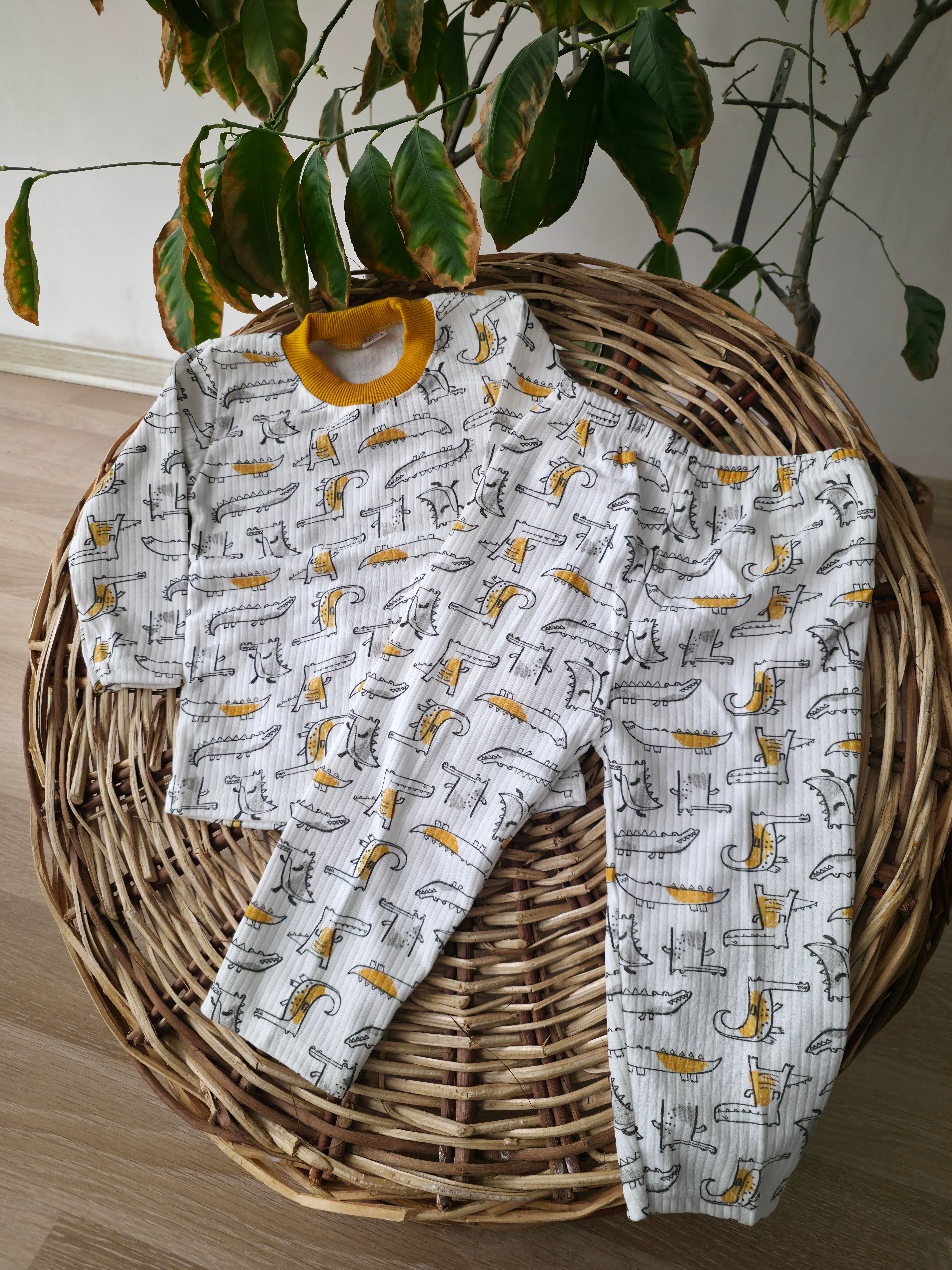 balık baskılı %100 pamuk çocuk ev uyku pijama takımı