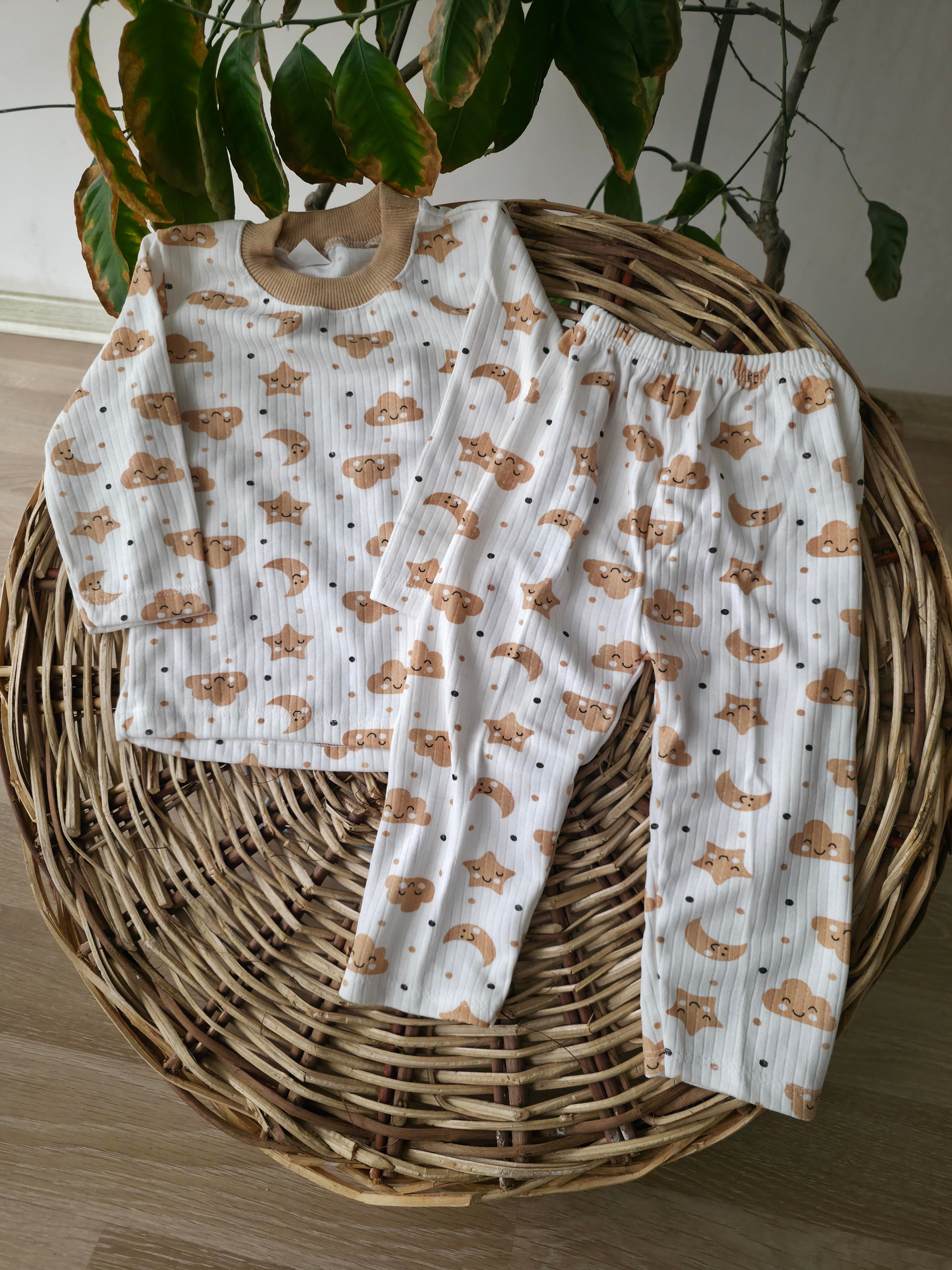 ay yıldız bulut baskılı %100 pamuk çocuk ev uyku pijama takımı