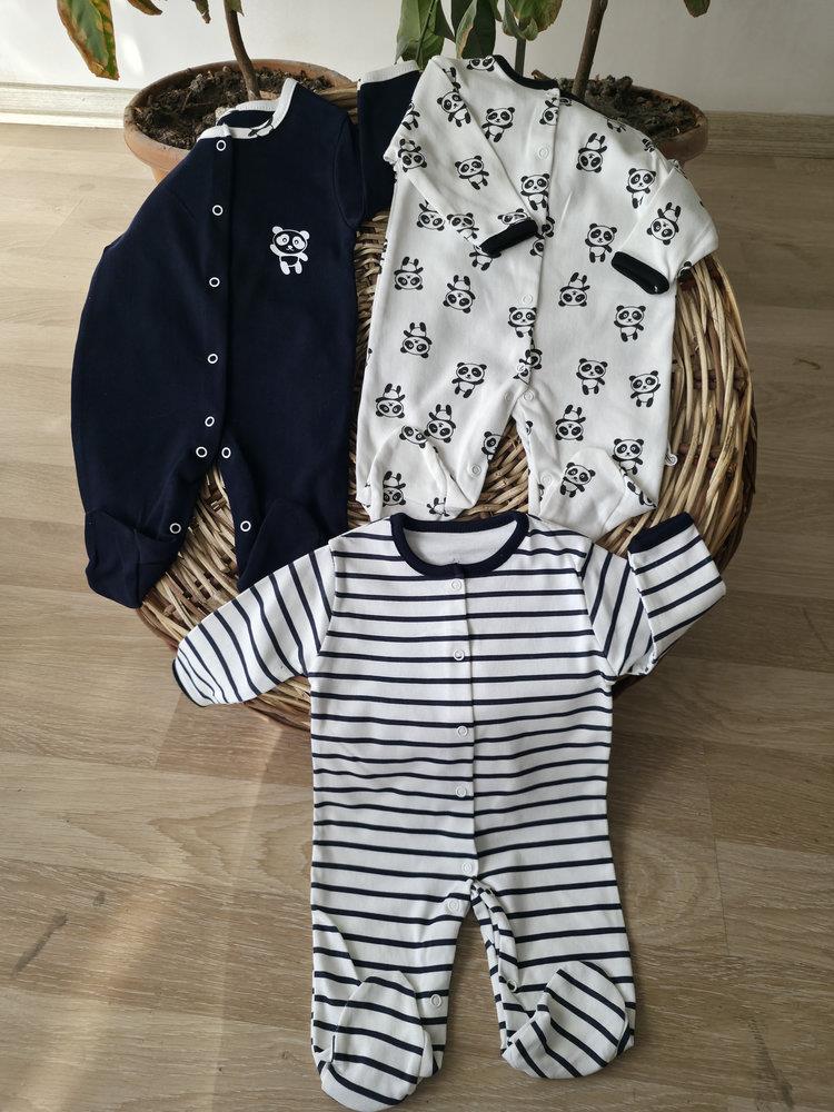 Panda Baskılı %100 Pamuk Bebek Tulum Seti 3 Adet Tek Paket