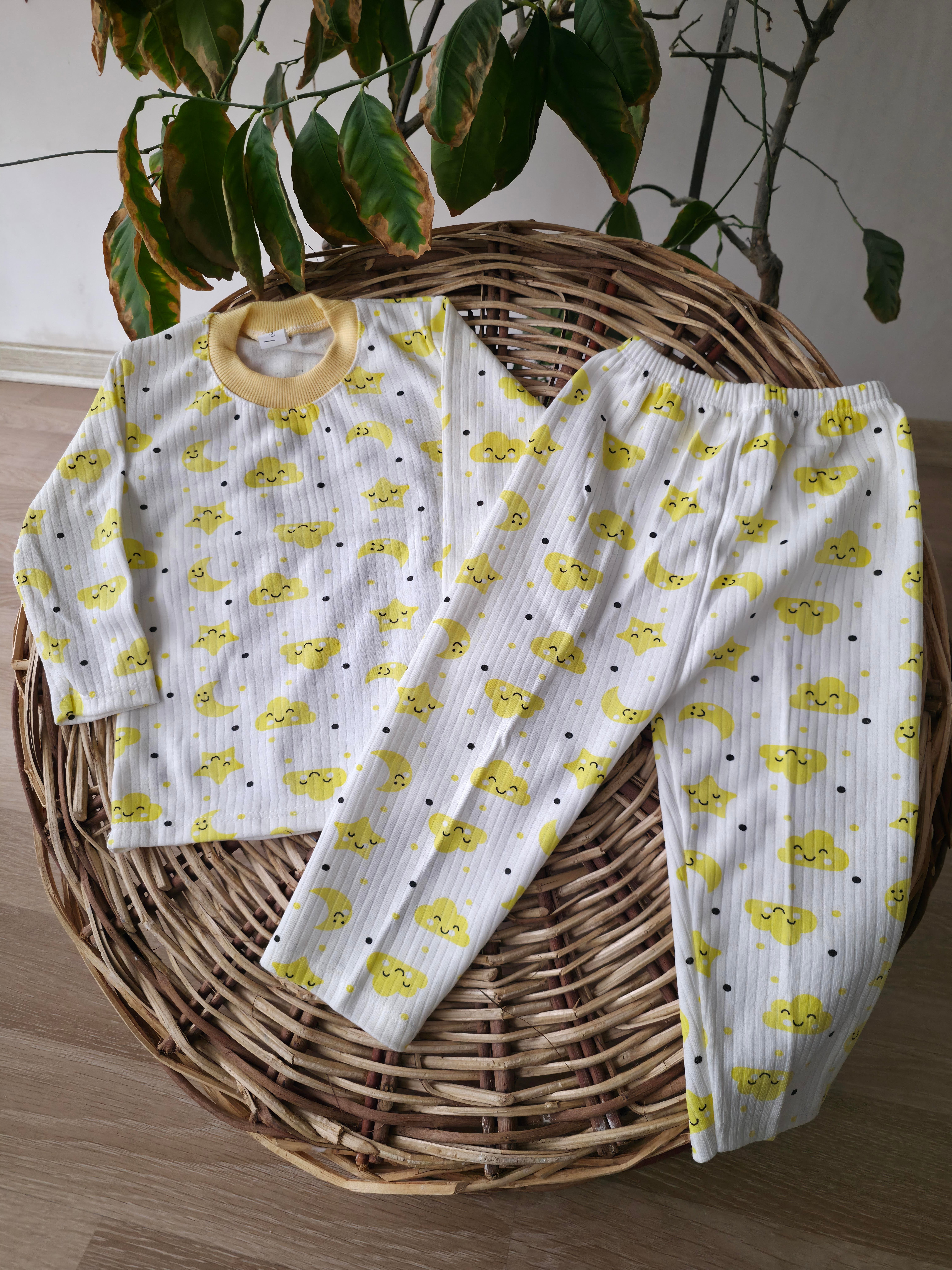 ay yıldız bulut baskılı %100 pamuk çocuk ev uyku pijama takımı