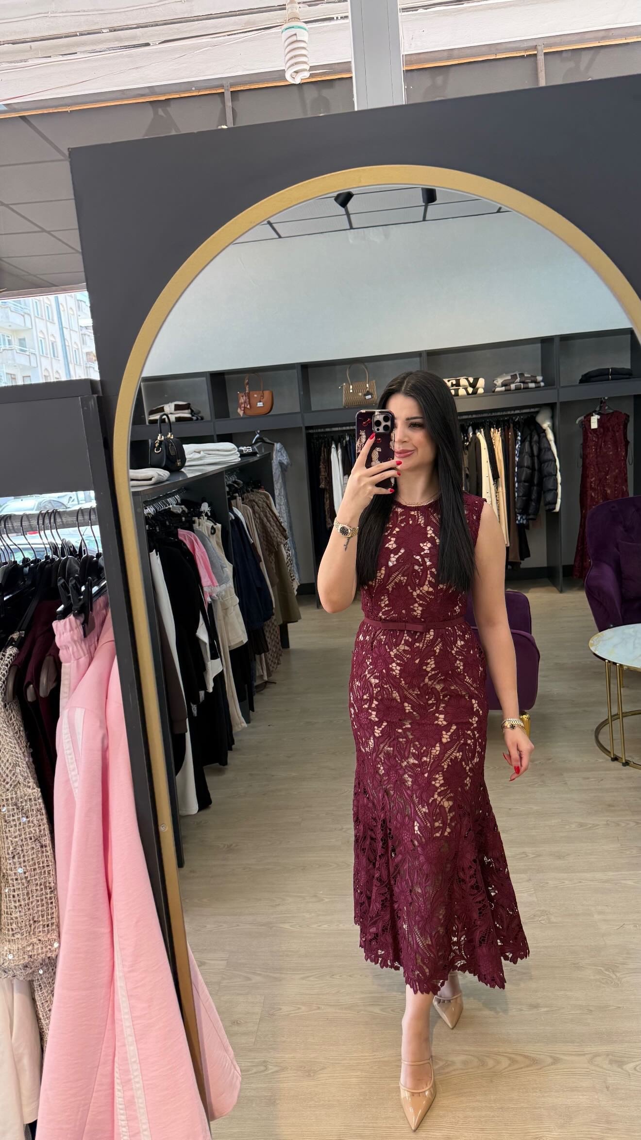 Bordor Güpürlü Kumaş Kemerli Elbise (DAR KALIP)