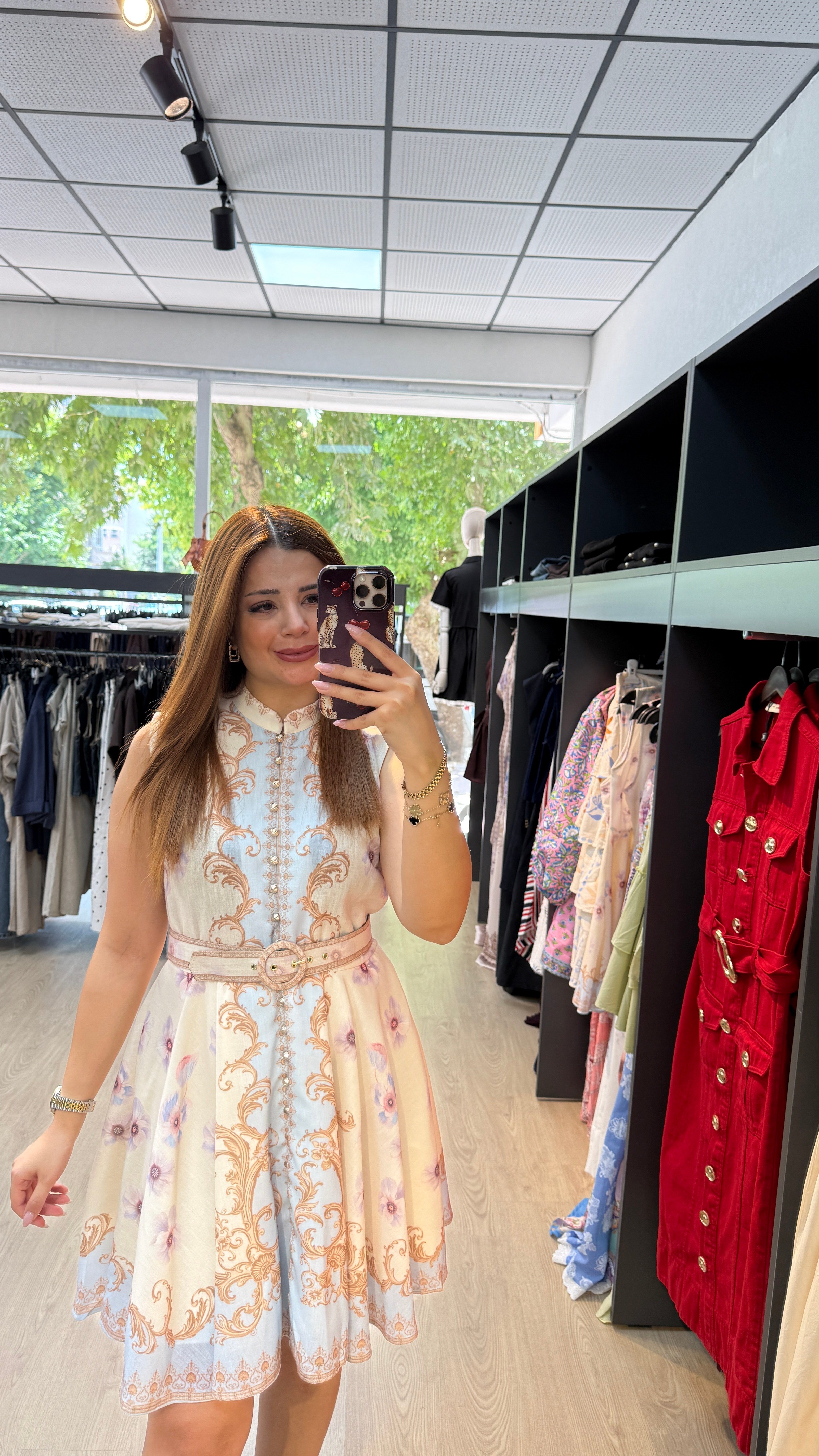 Boydan Düğmeli  Çiçek Desenli Mini Elbise