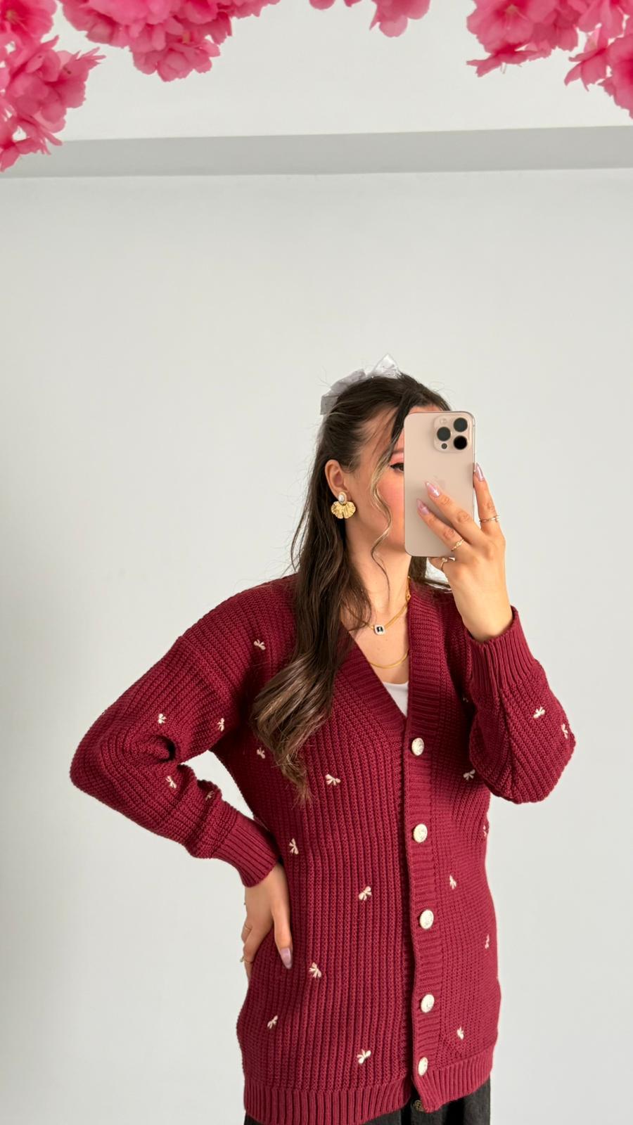 FİYONK DETAYLI HIRKA BORDO