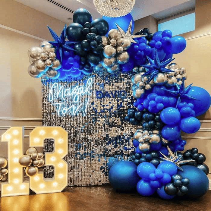 13 Yaş Bar Mitzvah Neon Işıklı Mavi & Gold Balon Süsleme Konsepti