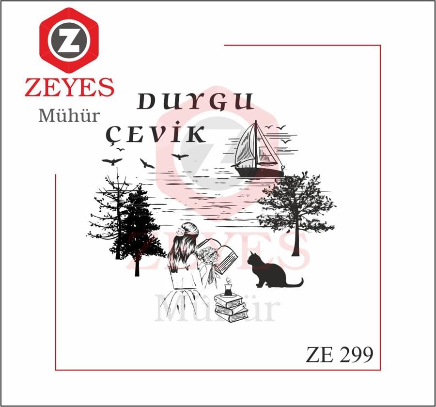 Kitap Okuyan Kiz Agaçlar Deniz ve Kedi Kitap Mührü  ZE 299